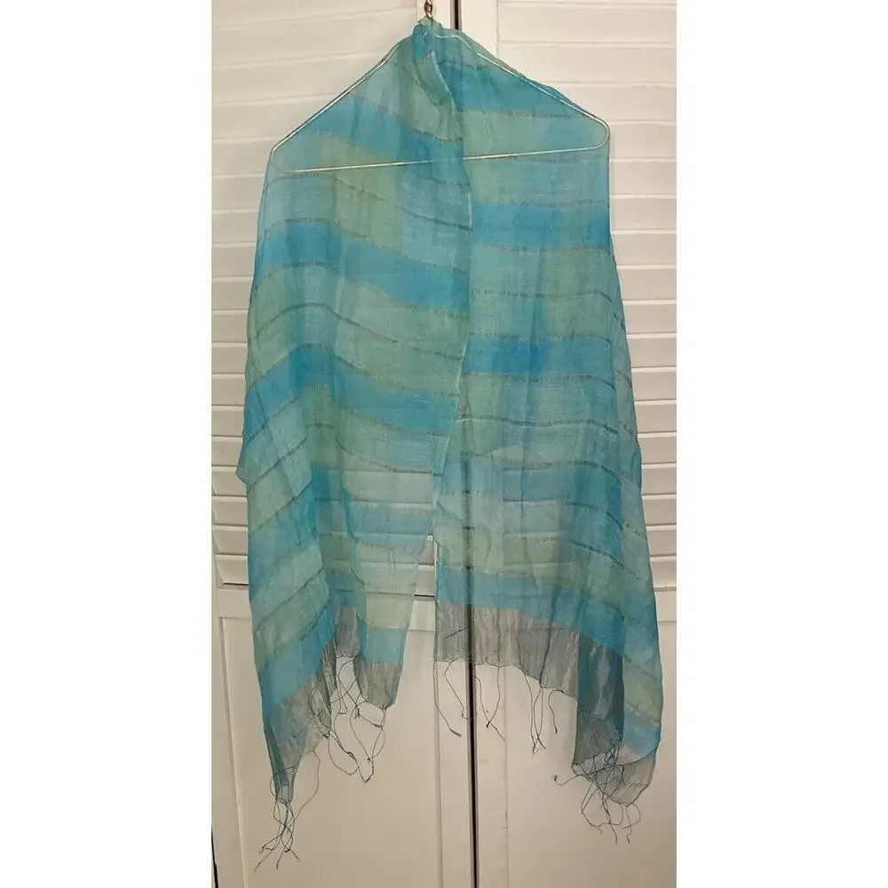 100% Silk Scarf Blue Striped Long‎ Rectangular India